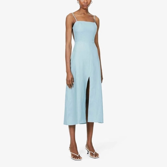 REFORMATION Nia 100% Linen Midi Dress In Turquoise - Picture 5 of 13